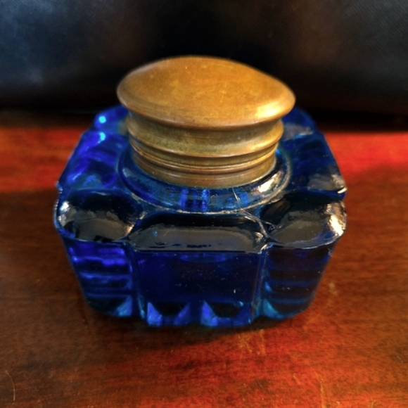 Other - Late 19th-Century c.1880 English Cobalt Glass Inkwell, Brass Collar & Hinged Lid